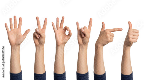 Various hand gestures and signs in retro halftone pop art style