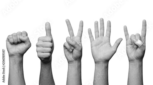 Set of hand gestures in retro halftone style isolated on white background