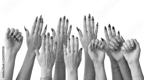 Halftone illustration of raised hands and fists representing unity, protest, and feminism