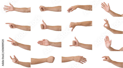 Retro halftone hand gestures collection showing various signs and signals