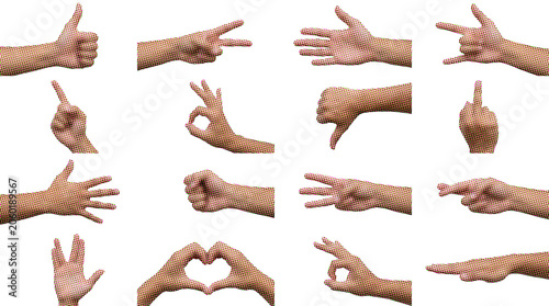 Set of various hand gestures in colorful halftone dot pop art style