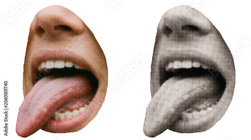 Retro halftone open mouth sticking out tongue in color and monochrome