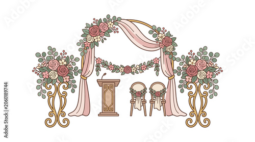 Bild auf Leinwand Romantic Wedding Arch with Flowers and Drapes, Ceremony Decor