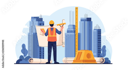 Professional architect in safety gear looking at a large blueprint map in front of a city skyline with under construction skyscrapers.