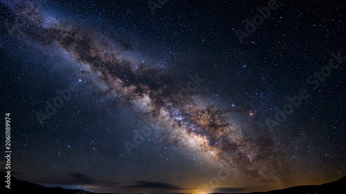 Milky Way stretching across a clear night sky above a dark landscape. Astronomy, space exploration and universe concept.