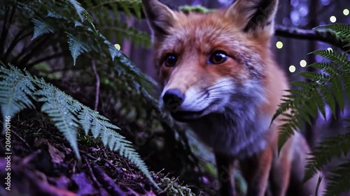 Curious Red Fox Peeking Through Lush Forest Ferns at Dusk