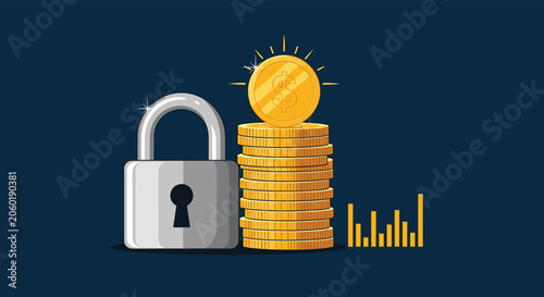 Secure financial savings concept with large silver padlock and tall stack of gold dollar coins beside a small golden bar chart.