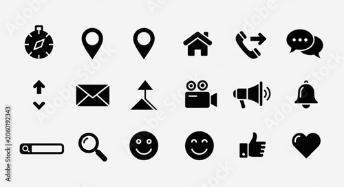 Collection of black interface icons on a white background.