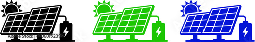 Fotografía Solar panels with virus icons in black, green, and blue colors, representing renewable energy and sustainable technology solutions