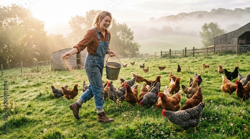 Woman Feeding Chickens on Pasture in Morning Light
