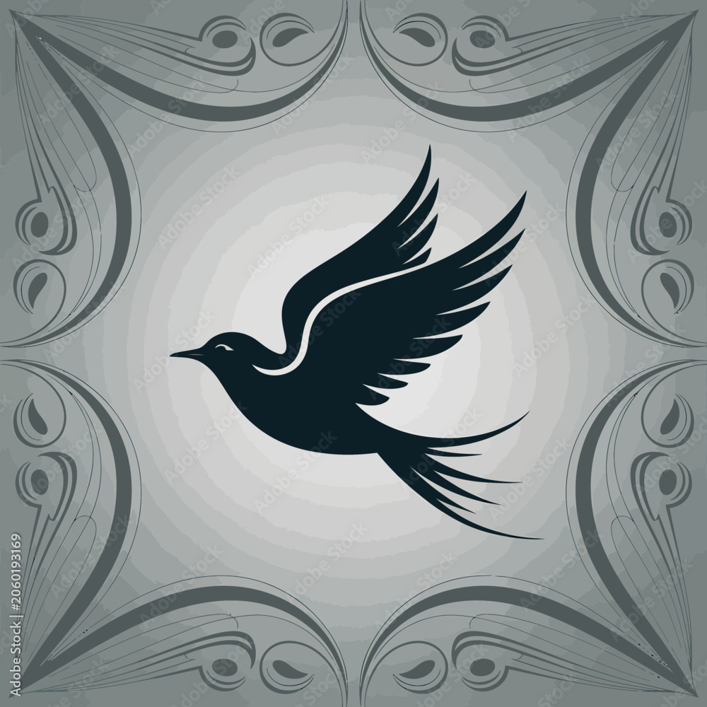 Fototapeta premium Monochromatic avian silhouette exhibiting aerodynamic wing extension against a grayscale gradient with symmetrical curvilinear filigree patterns
