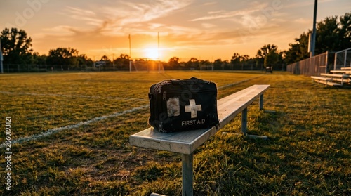 First Aid Kit on Soccer Field Bench at Sunset