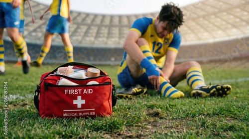 Soccer Player Injured on Field with First Aid Kit in Foreground