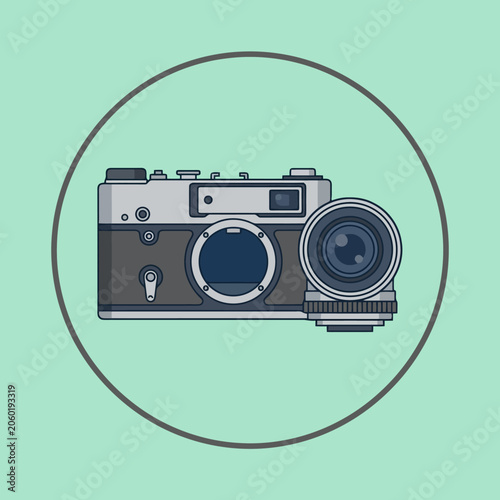 Valokuva Retro rangefinder camera and lens in a pixel art circle