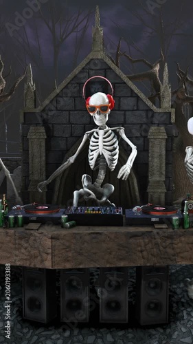 Seamless vertical video of a DJ skeleton and skeletons dancers in a cemetery at night. Funny halloween background.