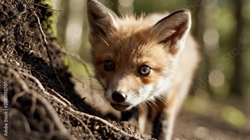 Curious young fox cub with orange fur peeking from roots in a forest setting