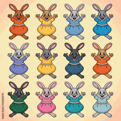 Collection of lagomorph biological forms featuring diverse fur pigmentation and saturated synthetic textile surface textures