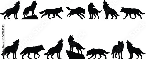 Photography Wolf silhouette vector set, howling and running wolves collection, wild predator