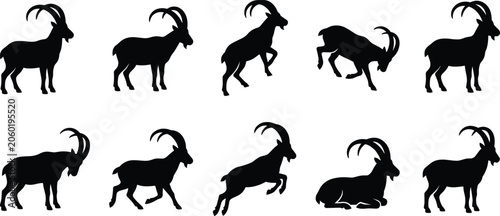 Foto Ibex silhouette vector illustration set, wild mountain goat icons isolated on wh