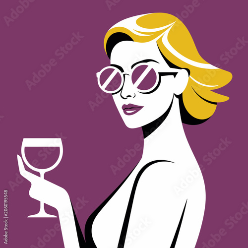 Stylized female figure with yellow keratin hair and refractive circular lenses holding a smooth silica glass vessel on purple pigment