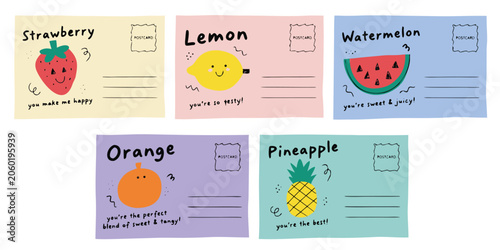 Konstfotografi Cute fruit theme postcard set featuring strawberry lemon watermelon orange and p
