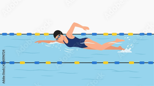 Schilderij op canvas Woman swimming freestyle in a blue swimming pool with lane markers and white bac