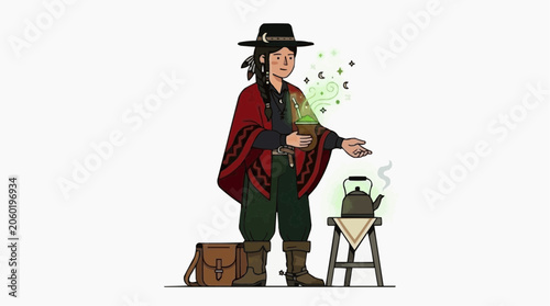 Gaucho Woman Preparing Traditional Chimarrão with a Steaming Kettle from Southern Brazil Isolated on White Background