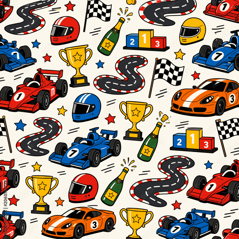 Naklejka premium Formula 1 racing theme pattern with cars, helmets, trophies, and checkered flags