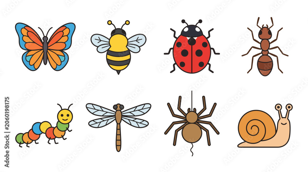 Obraz premium Set of colorful cartoon insects and bugs icons including butterfly, bee, ladybug, ant, caterpillar, dragonfly, spider, and snail