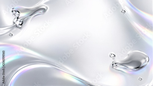 Liquid silver surface with metallic drops and iridescent light reflection. Abstract chrome background for cosmetic branding, luxury product design and futuristic tech presentation