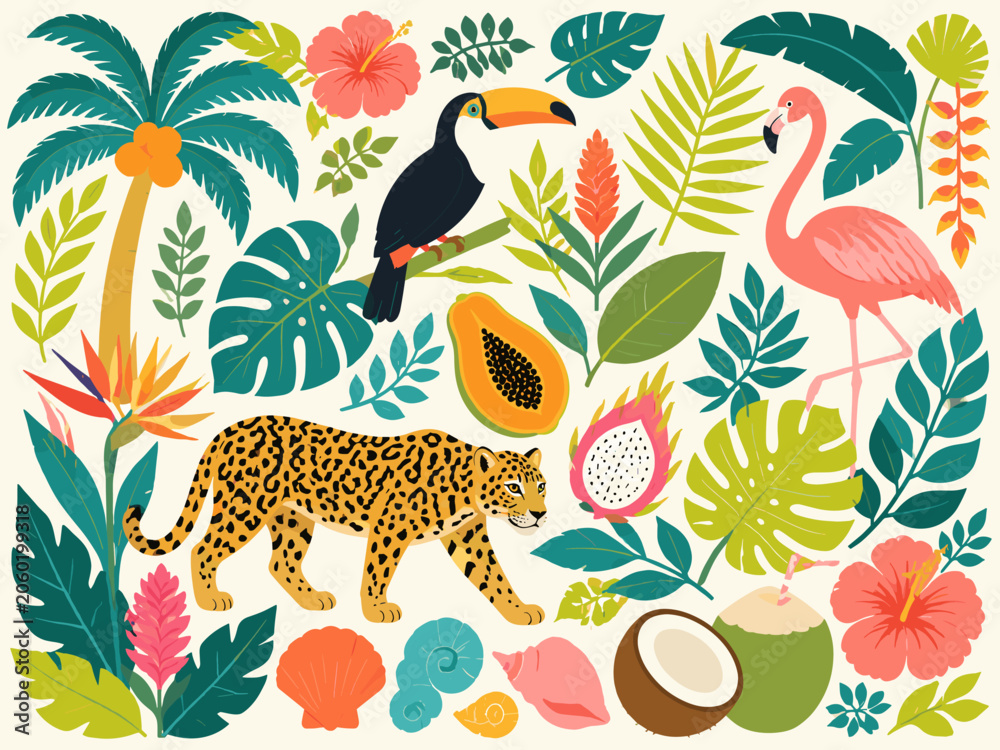 Obraz premium Vibrant tropical jungle scene with exotic animals, fruits, and plants