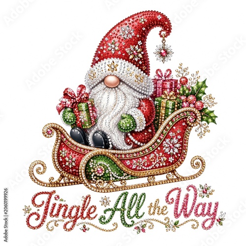 A cheerful Santa in a decorated sleigh, ready for Christmas festivities, surrounded by gifts and holiday spirit.