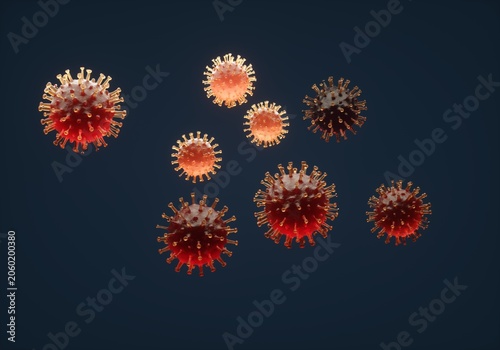 Foto Group of virus cells floating on dark blue background, virus outbreak concept, 3
