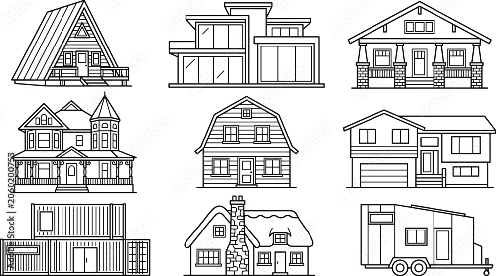 Obraz premium Modern and Traditional Residential House Collection with Architectural Building Exterior Line Art Icons for Real Estate, Construction, Property Design and Housing Projects
