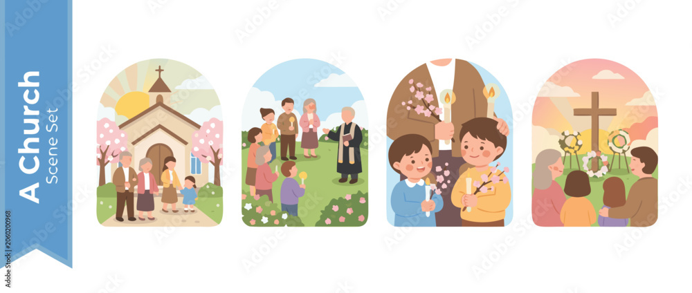 Fototapeta premium Beautiful Set of Four Vector Illustrations Capturing a Serene Church Sunrise Service with Glowing Candles and Spring Blossoms, Perfect for Easter Worship Programs and Religious Invitations.