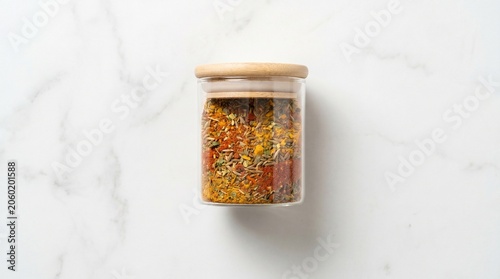 Top-down flat lay view of a glass spice jar filled with a colorful seasoning mix and sealed with a wooden lid on a white marble surface