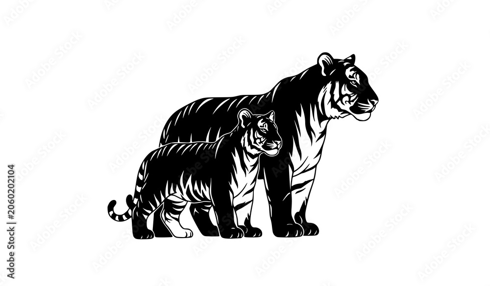 Εκτύπωση καμβά Black Tiger Family Silhouette with Mother and Cub Standing Together Vector Desig