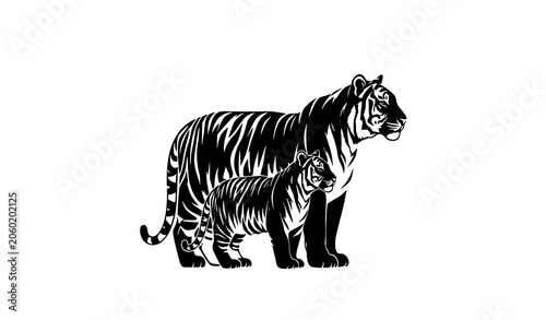фотографія Mother and Baby Tiger Black Silhouette Wildlife Vector Illustration