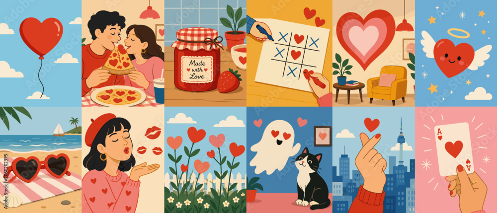 Fototapeta premium Collection of charming illustrations celebrating love and romance with hearts and sweet gestures