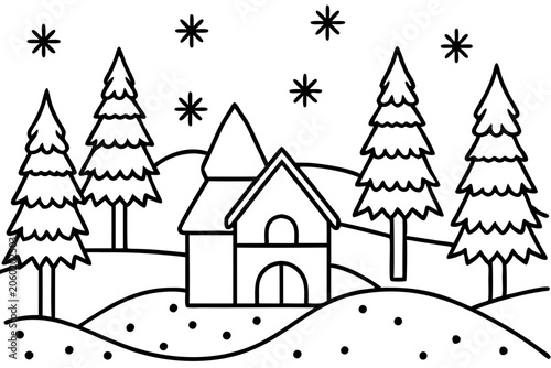 Cozy Snow Scene Line Art Design