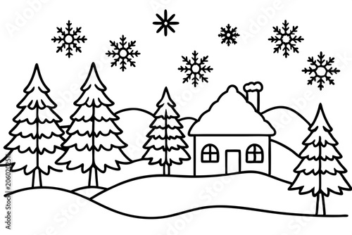 Cozy Snow Scene Line Art Design
