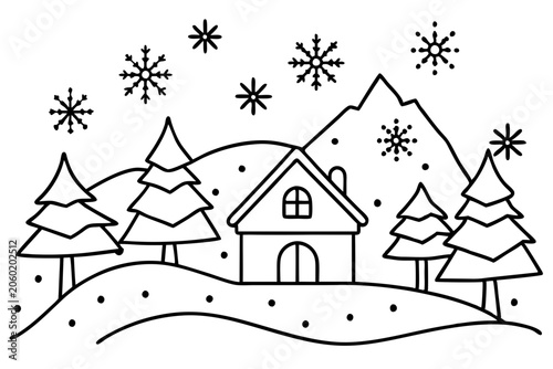 Cozy Snow Scene Line Art Design