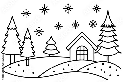 Cozy Snow Scene Line Art Design