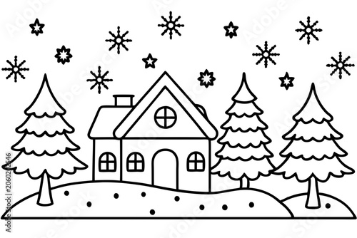 Cozy Snow Scene Line Art Design