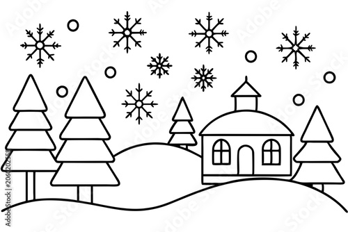 Cozy Snow Scene Line Art Design