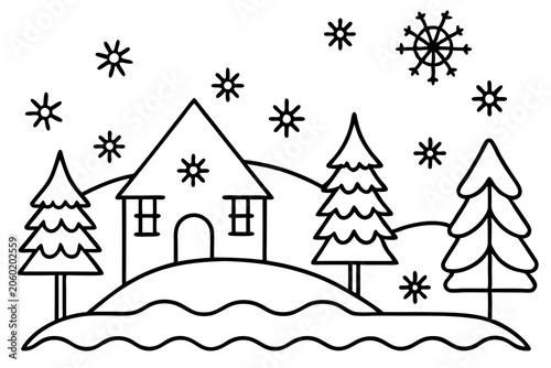 Cozy Snow Scene Line Art Design