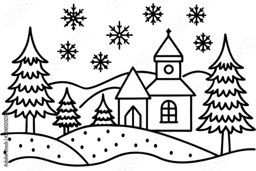 Cozy Snow Scene Line Art Design