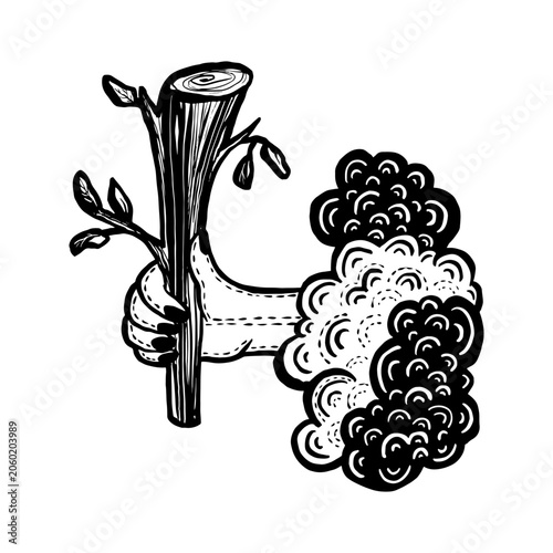 Ace of wands,  Tarot cards suit, doodle line drawing, vector, black and white, wand in hand, cloud, minor arcana symbol