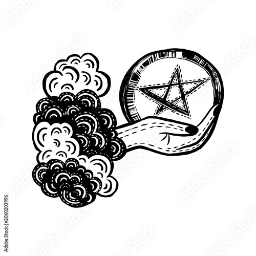 Ace of pentacles,  Tarot cards suit, doodle line drawing, vector, black and white, coin in hand, cloud, minor arcana symbol