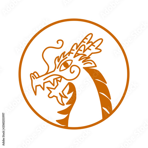 Dragon head icon in a circle, minimalist vector illustration, brown outline, line drawing, isolated on white background
